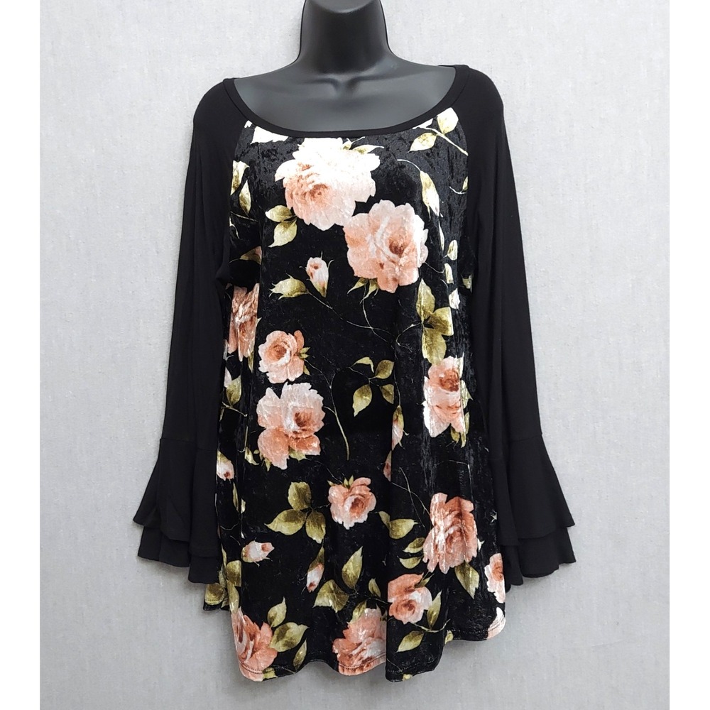 Velvet Tunic Top L/XL Floral Romantic Fairy Grunge Bell Sleeve Witchy Whimsigoth